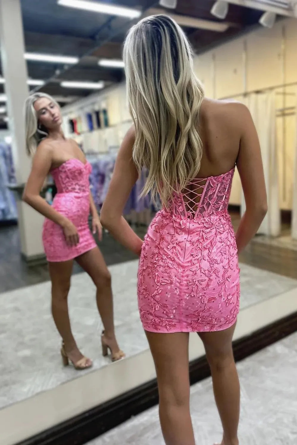 Strapless Lace Corset Homecoming Dress | Sweetheart Sheer Mesh Bodycon Short Prom Gown
