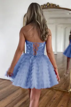 Strapless Lace-Up Homecoming Dress | Tiered Ruffled Tulle Mini Party Gown