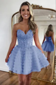 Strapless Lace-Up Homecoming Dress | Tiered Ruffled Tulle Mini Party Gown