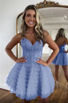 Strapless Lace-Up Homecoming Dress | Tiered Ruffled Tulle Mini Party Gown