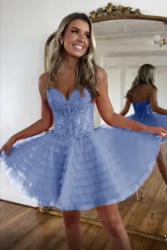 Strapless Lace-Up Homecoming Dress | Tiered Ruffled Tulle Mini Party Gown