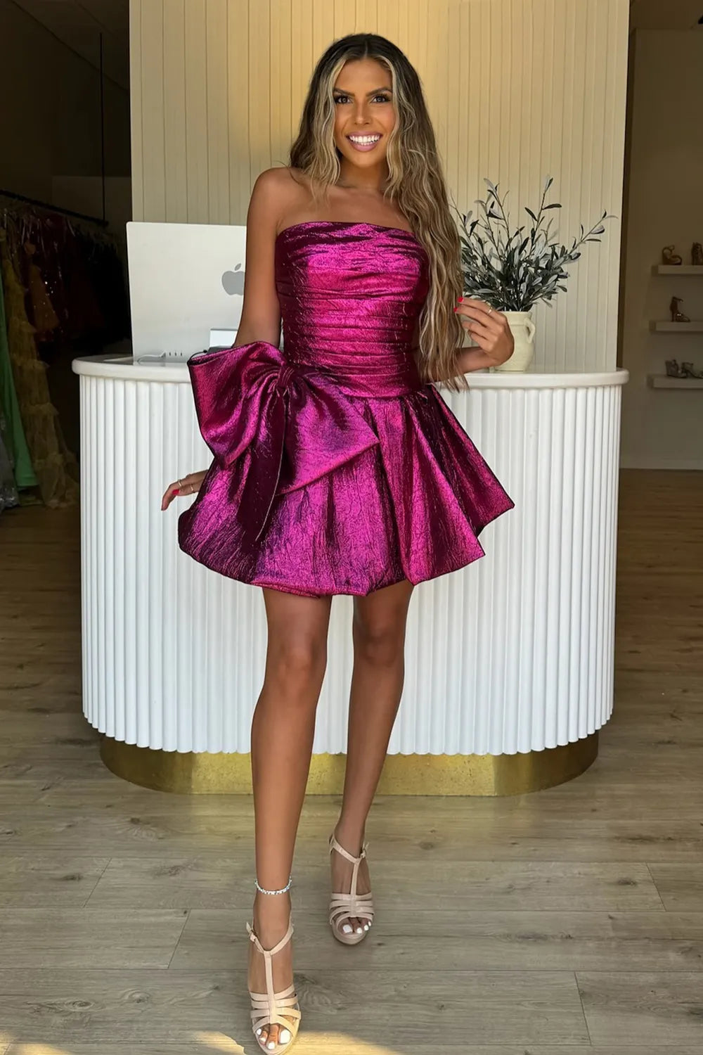 Strapless Metallic Homecoming Dress | Ruched Bodice Bow Waist Puff Mini Party Gown