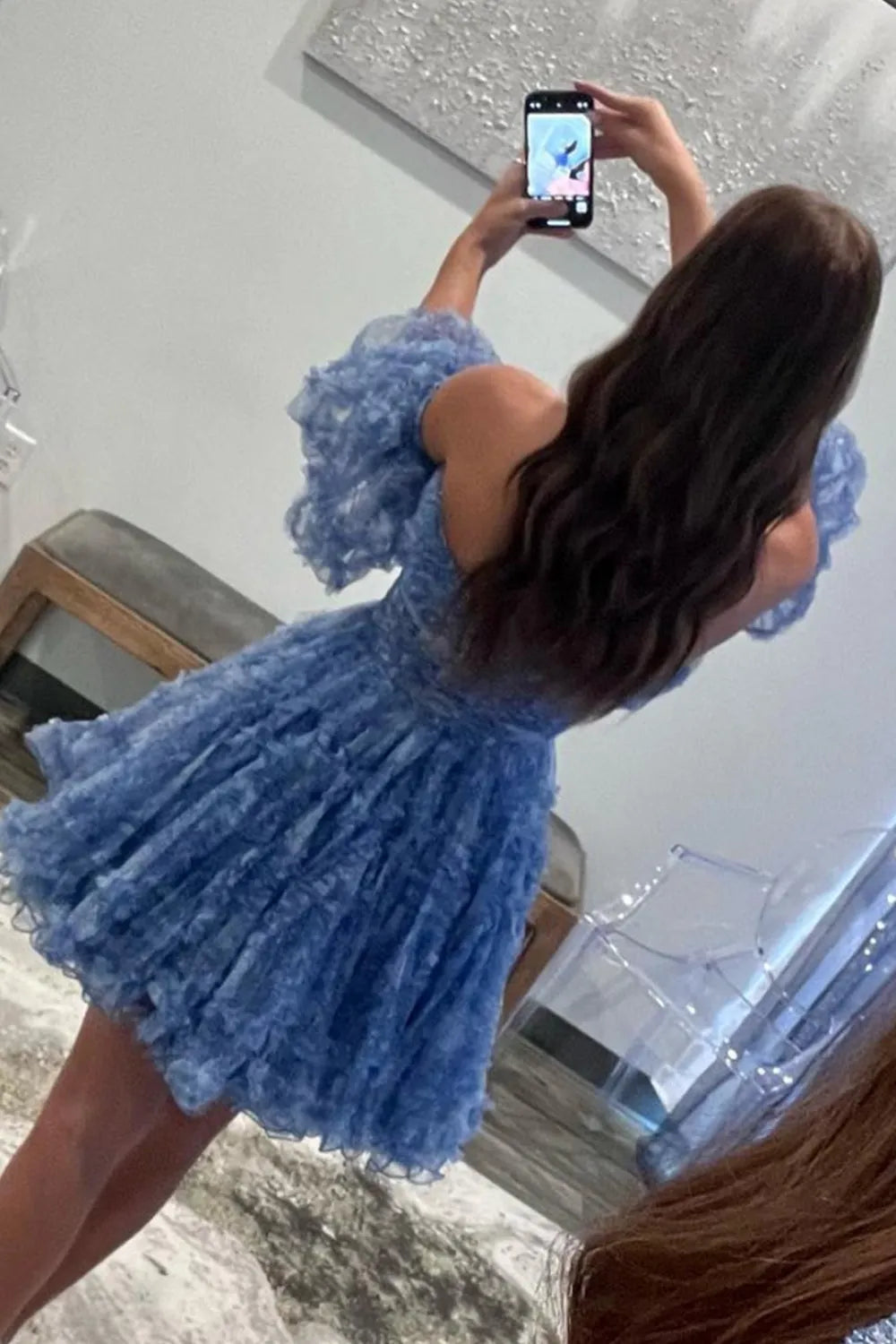 Off-the-Shoulder Textured Tulle Homecoming Dress | Puff Sleeve A-Line Short Prom Gown