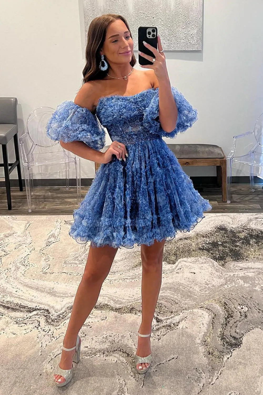 Off-the-Shoulder Textured Tulle Homecoming Dress | Puff Sleeve A-Line Short Prom Gown