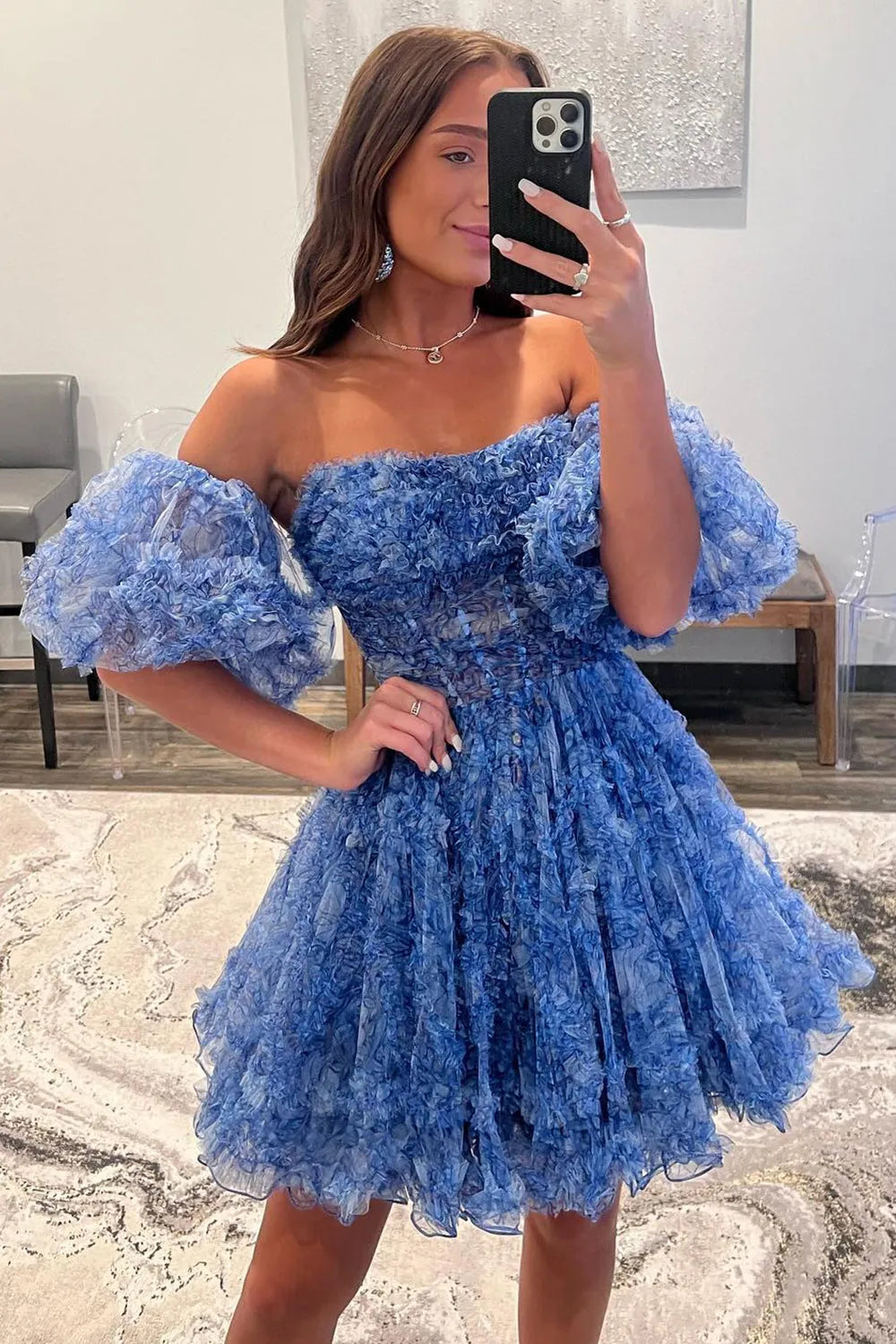 Off-the-Shoulder Textured Tulle Homecoming Dress | Puff Sleeve A-Line Short Prom Gown