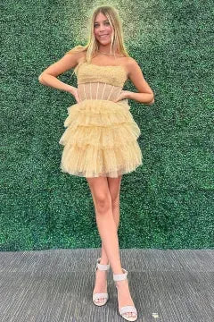Strapless Ruched Glitter Tulle Corset Homecoming Dress | Tiered Ruffle Mini Skater Cocktail Dress