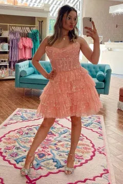Strapless Ruched Glitter Tulle Corset Homecoming Dress | Tiered Ruffle Mini Skater Cocktail Dress