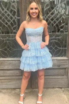Strapless Ruched Glitter Tulle Corset Homecoming Dress | Tiered Ruffle Mini Skater Cocktail Dress