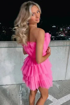 Strapless Ruffled Tulle Homecoming Dress | Bow Waist Tiered Mini A-Line Cocktail Dress