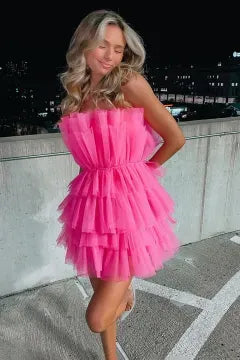 Strapless Ruffled Tulle Homecoming Dress | Bow Waist Tiered Mini A-Line Cocktail Dress