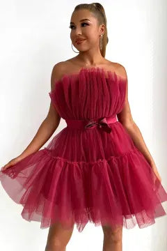 Strapless Ruffled Tulle Homecoming Dress | Bow Waist Tiered Mini A-Line Cocktail Dress