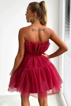 Strapless Ruffled Tulle Homecoming Dress | Bow Waist Tiered Mini A-Line Cocktail Dress