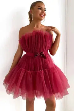 Strapless Ruffled Tulle Homecoming Dress | Bow Waist Tiered Mini A-Line Cocktail Dress