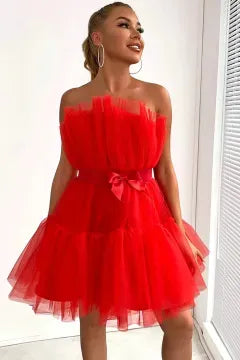 Strapless Ruffled Tulle Homecoming Dress | Bow Waist Tiered Mini A-Line Cocktail Dress