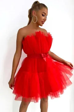 Strapless Ruffled Tulle Homecoming Dress | Bow Waist Tiered Mini A-Line Cocktail Dress