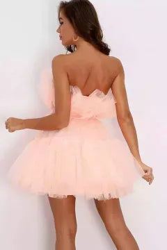 Strapless Ruffled Tulle Homecoming Dress | Bow Waist Tiered Mini A-Line Cocktail Dress