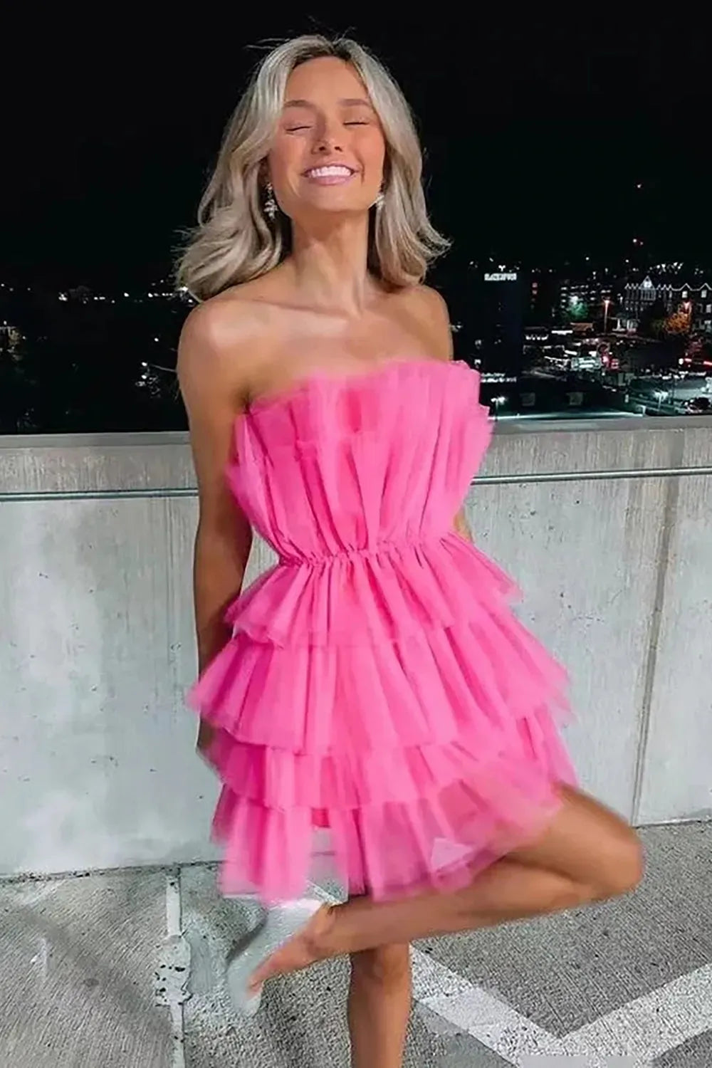Strapless Ruffled Tulle Homecoming Dress | Bow Waist Tiered Mini A-Line Cocktail Dress