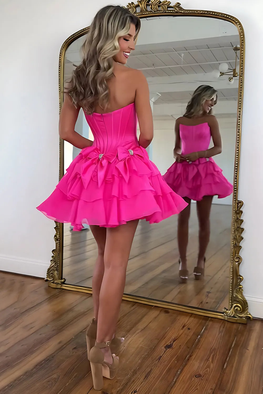 Strapless Satin Corset Homecoming Dress | Tiered Skirt with Crystal Bows Party Gown