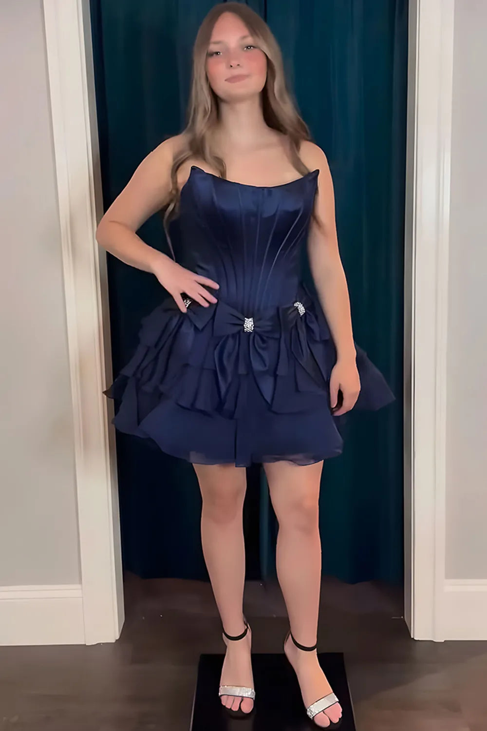 Strapless Satin Corset Homecoming Dress | Tiered Skirt with Crystal Bows Party Gown
