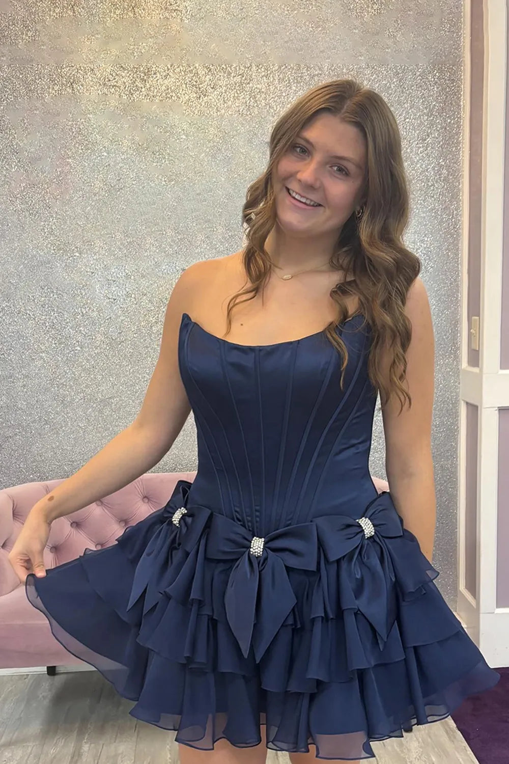Strapless Satin Corset Homecoming Dress | Tiered Skirt with Crystal Bows Party Gown