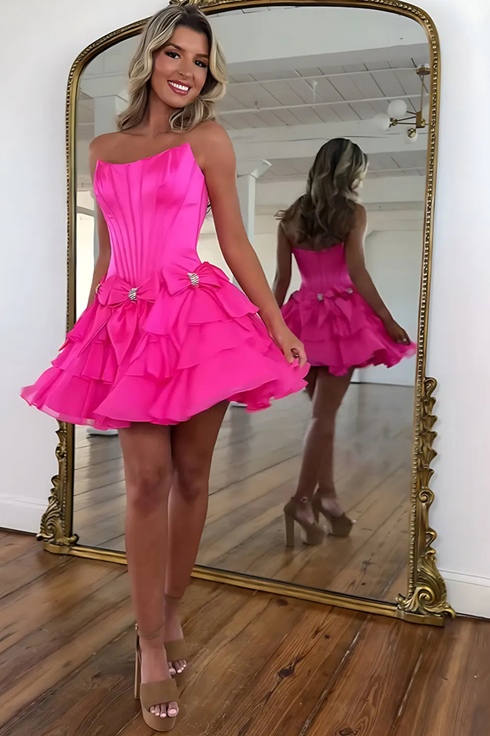 Strapless Satin Corset Homecoming Dress | Rhinestone Bow Tiered Chiffon Ruffle Mini Prom Gown