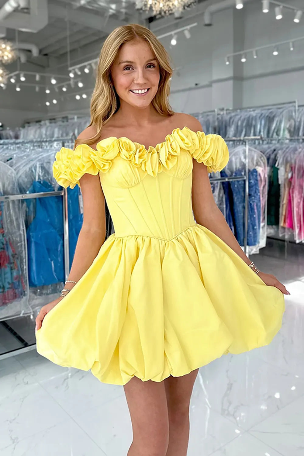 Off-the-Shoulder Ruffle Homecoming Dress | Corset Bodice Bubble Hem Mini Party Gown