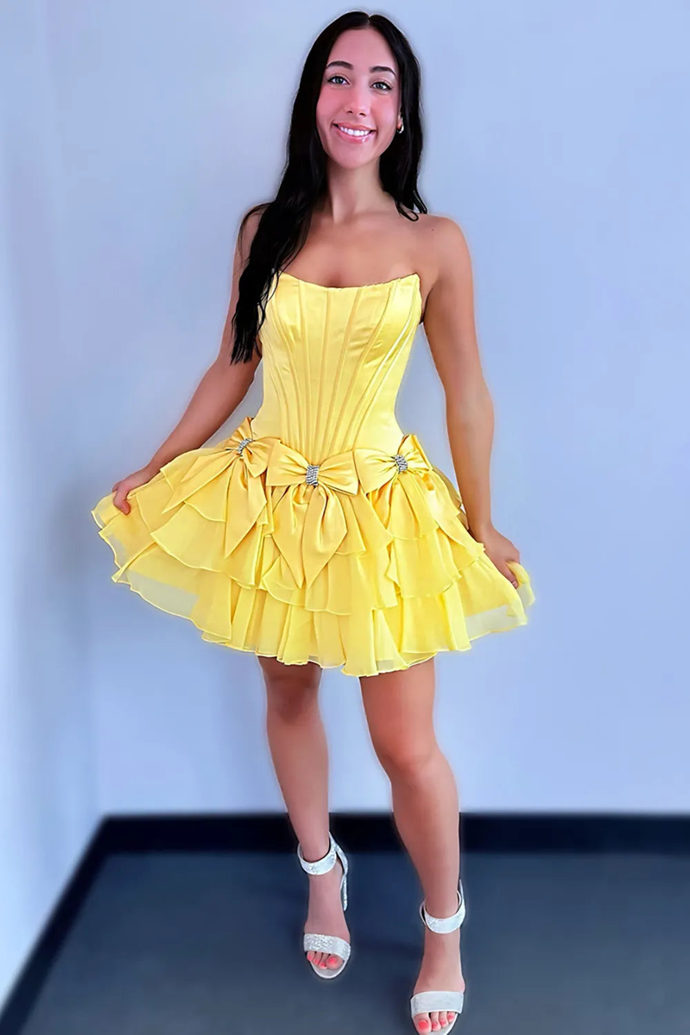 Strapless Satin Corset Homecoming Dress | Rhinestone Bow Tiered Chiffon Ruffle Mini Prom Gown