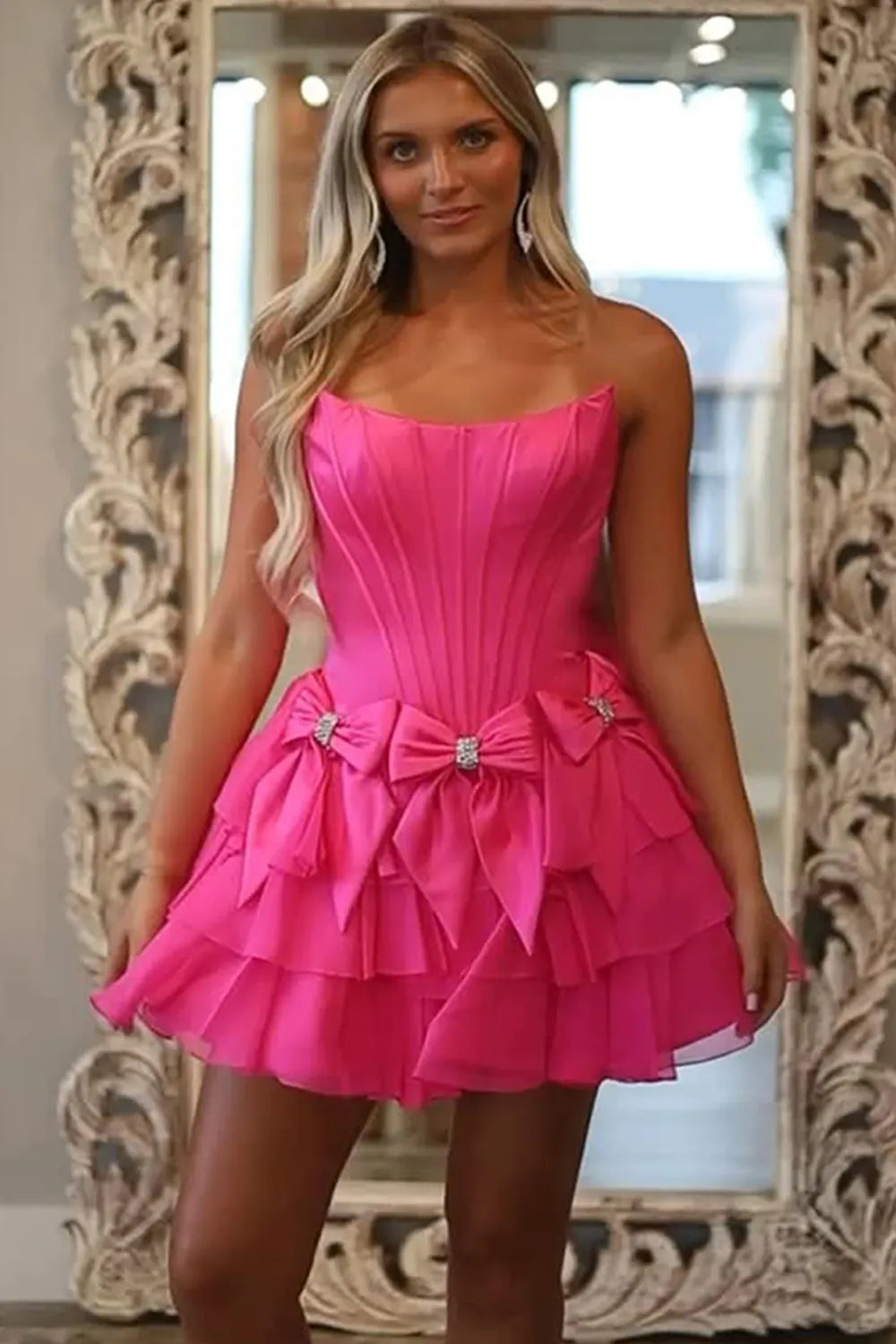 Strapless Satin Corset Homecoming Dress | Rhinestone Bow Tiered Chiffon Ruffle Mini Prom Gown