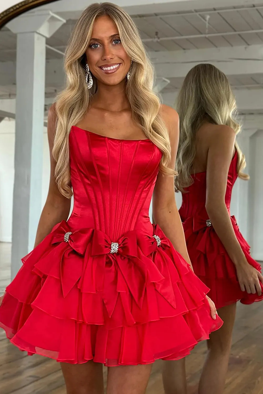 Strapless Satin Corset Homecoming Dress | Rhinestone Bow Tiered Chiffon Ruffle Mini Prom Gown
