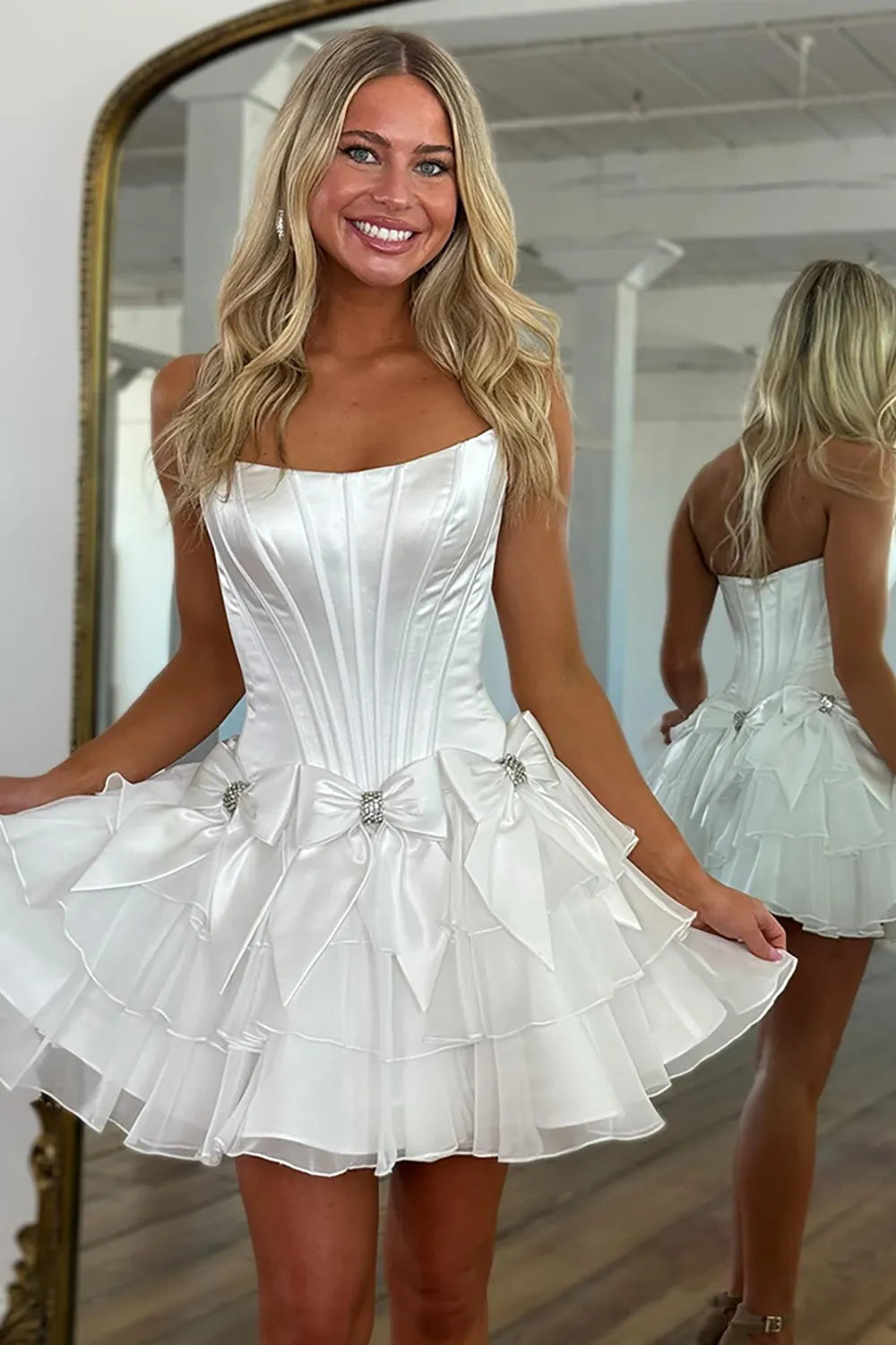 Strapless Satin Corset Homecoming Dress | Rhinestone Bow Tiered Chiffon Ruffle Mini Prom Gown
