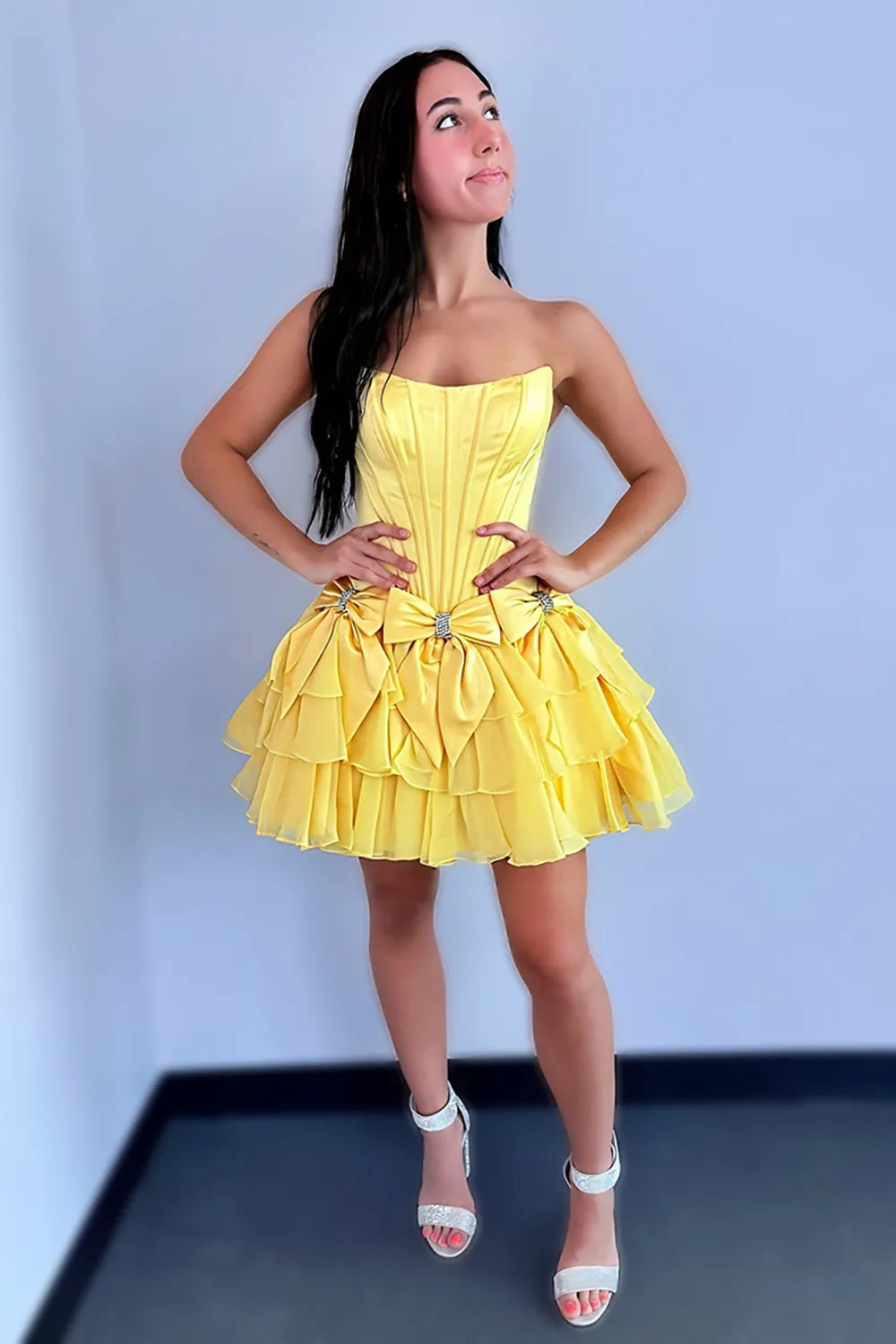 Strapless Satin Corset Homecoming Dress | Tiered Skirt with Crystal Bows Party Gown