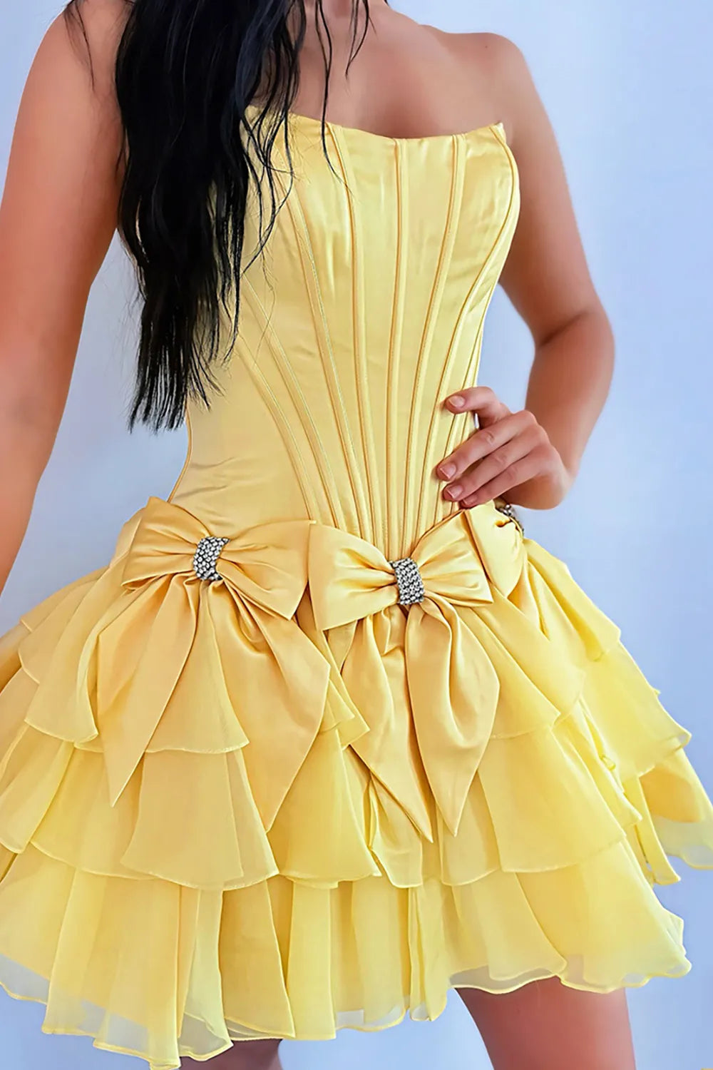 Strapless Satin Corset Homecoming Dress | Tiered Skirt with Crystal Bows Party Gown
