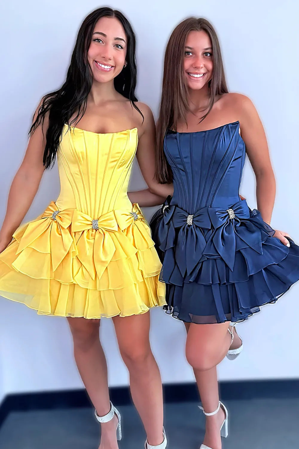 Strapless Satin Corset Homecoming Dress | Tiered Skirt with Crystal Bows Party Gown
