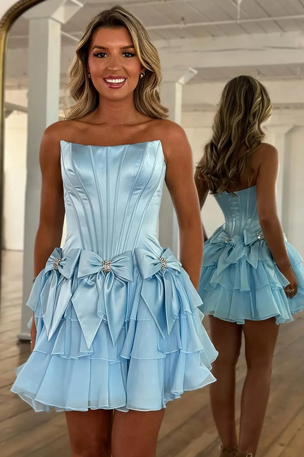 Strapless Satin Corset Homecoming Dress | Rhinestone Bow Tiered Chiffon Ruffle Mini Prom Gown