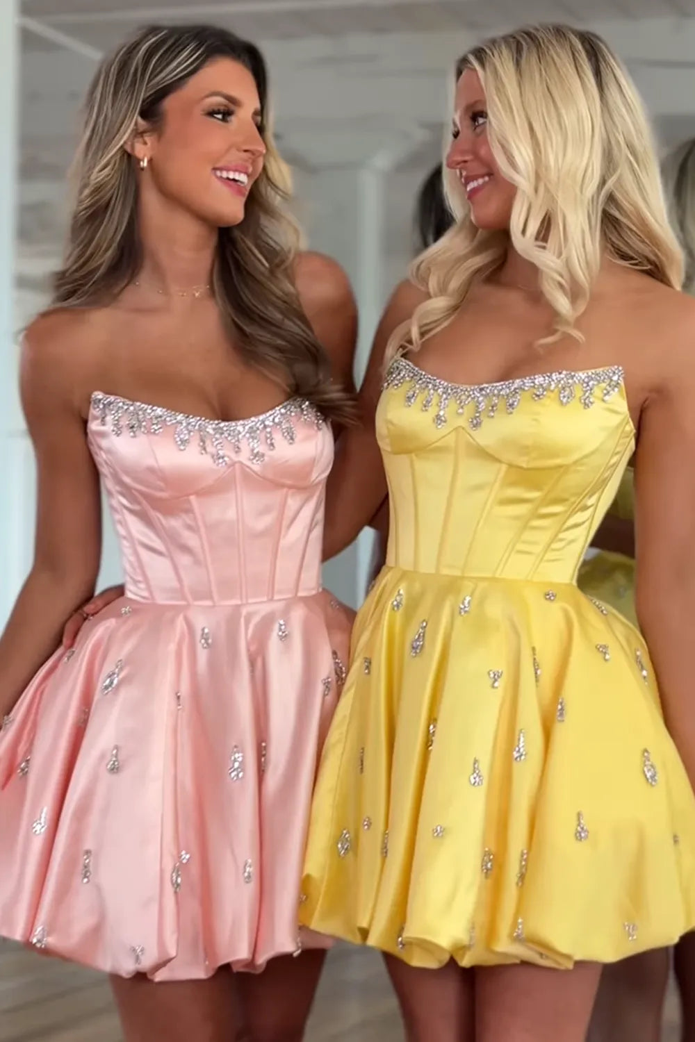 Strapless Crystal-Trimmed Corset Homecoming Dress | Satin A-Line Mini Prom Gown with Rhinestone Skirt