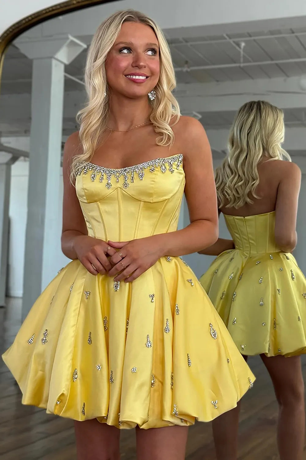Strapless Crystal-Trimmed Corset Homecoming Dress | Satin A-Line Mini Prom Gown with Rhinestone Skirt