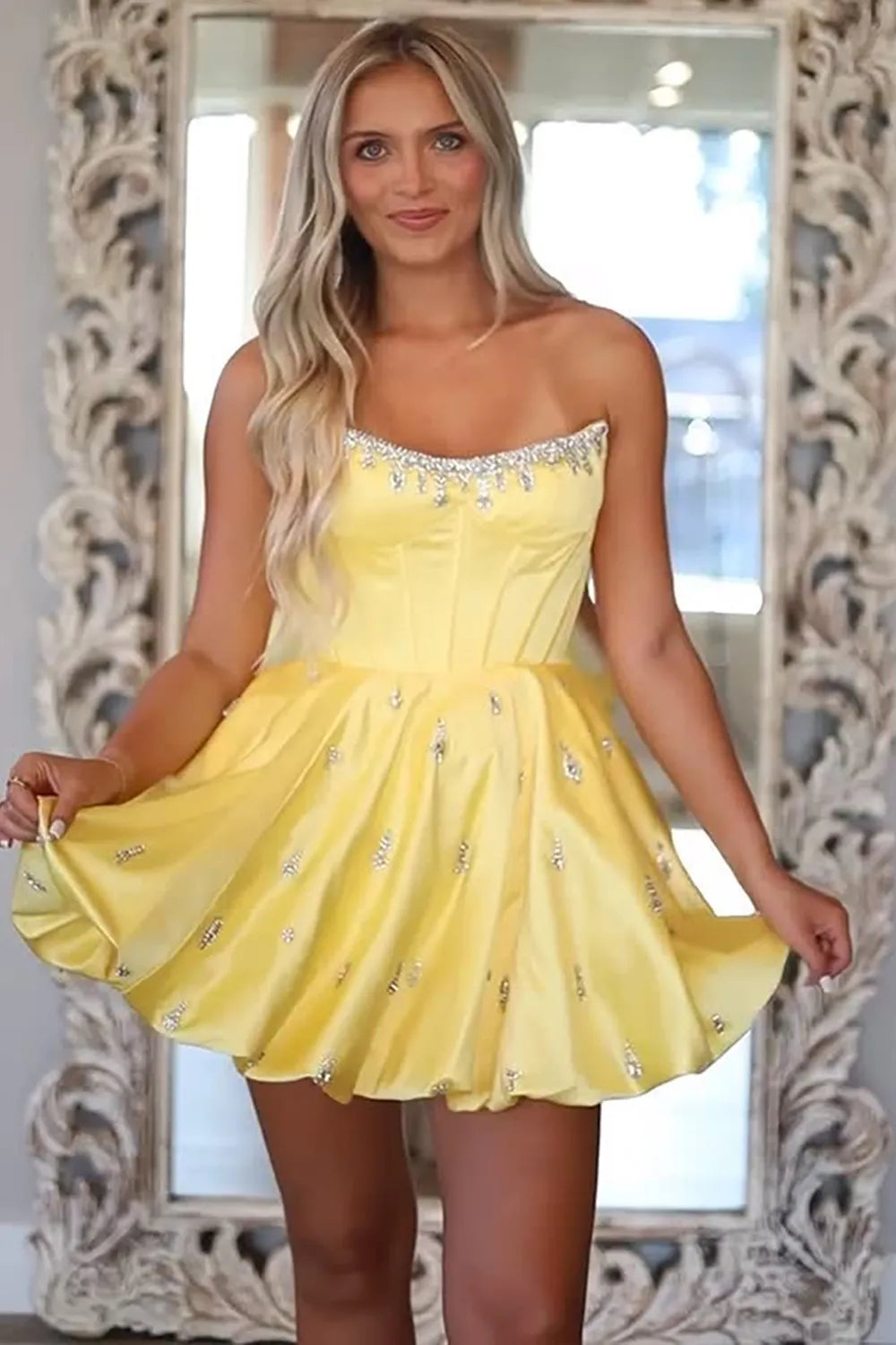 Strapless Crystal-Trimmed Corset Homecoming Dress | Satin A-Line Mini Prom Gown with Rhinestone Skirt
