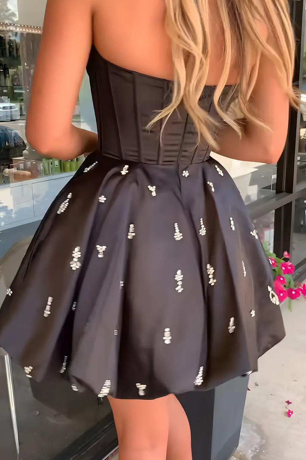 Strapless Crystal-Trimmed Corset Homecoming Dress | Satin A-Line Mini Prom Gown with Rhinestone Skirt