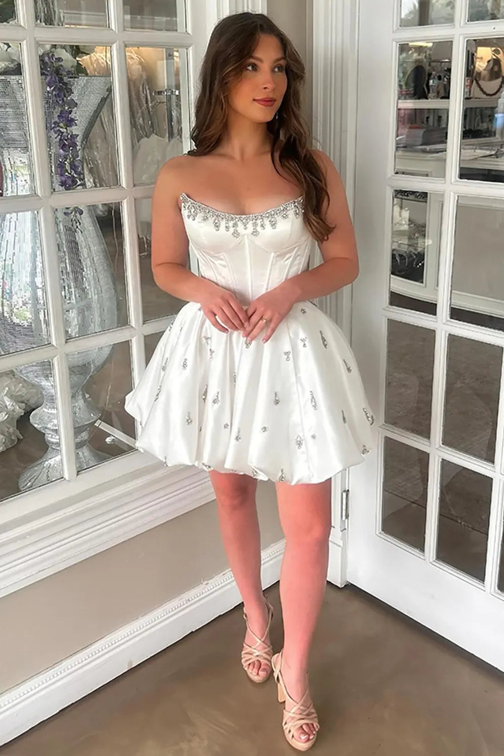 Strapless Crystal-Trimmed Corset Homecoming Dress | Satin A-Line Mini Prom Gown with Rhinestone Skirt
