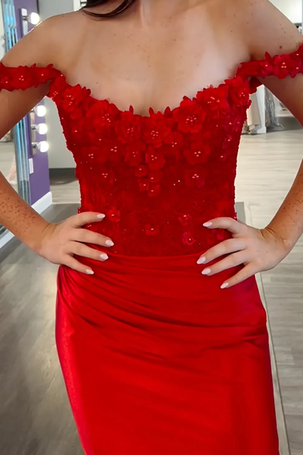 Off-the-Shoulder 3D Floral Lace Homecoming Dress | Ruched Satin Bodycon Mini Party Gown