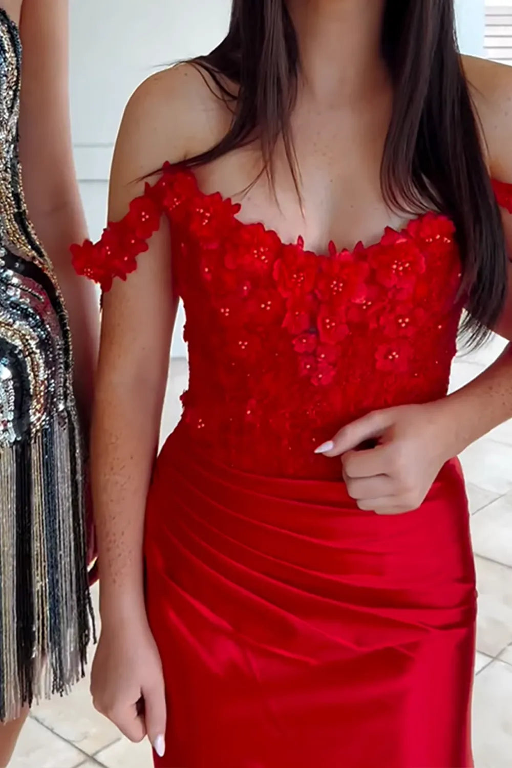 Off-the-Shoulder 3D Floral Lace Homecoming Dress | Ruched Satin Bodycon Mini Party Gown