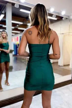 One Shoulder Satin Homecoming Dress | Side Ruched Wrap Slit Bodycon Mini Cocktail Dress
