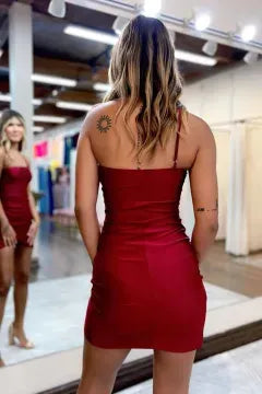 One Shoulder Satin Homecoming Dress | Side Ruched Wrap Slit Bodycon Mini Cocktail Dress