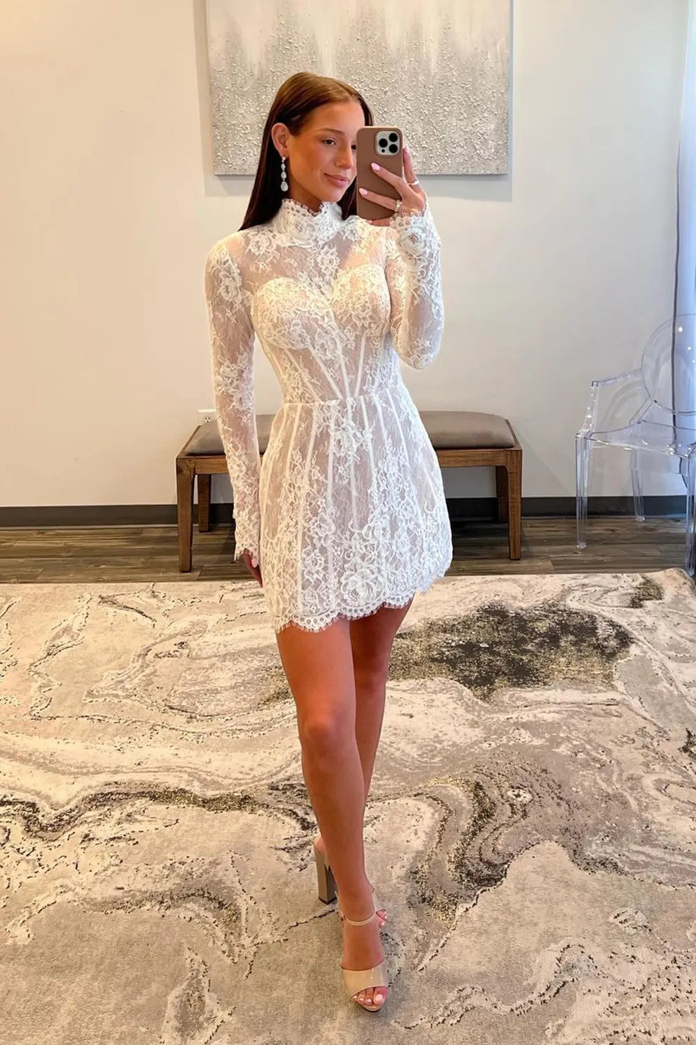 White Lace Long Sleeve Homecoming Dress | High Neck Corset A-Line Short Prom Gown