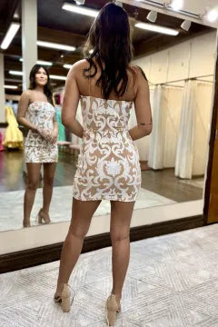 Strapless Ornate Sequin Homecoming Dress | Lace Mesh Bodycon Mini Party Gown