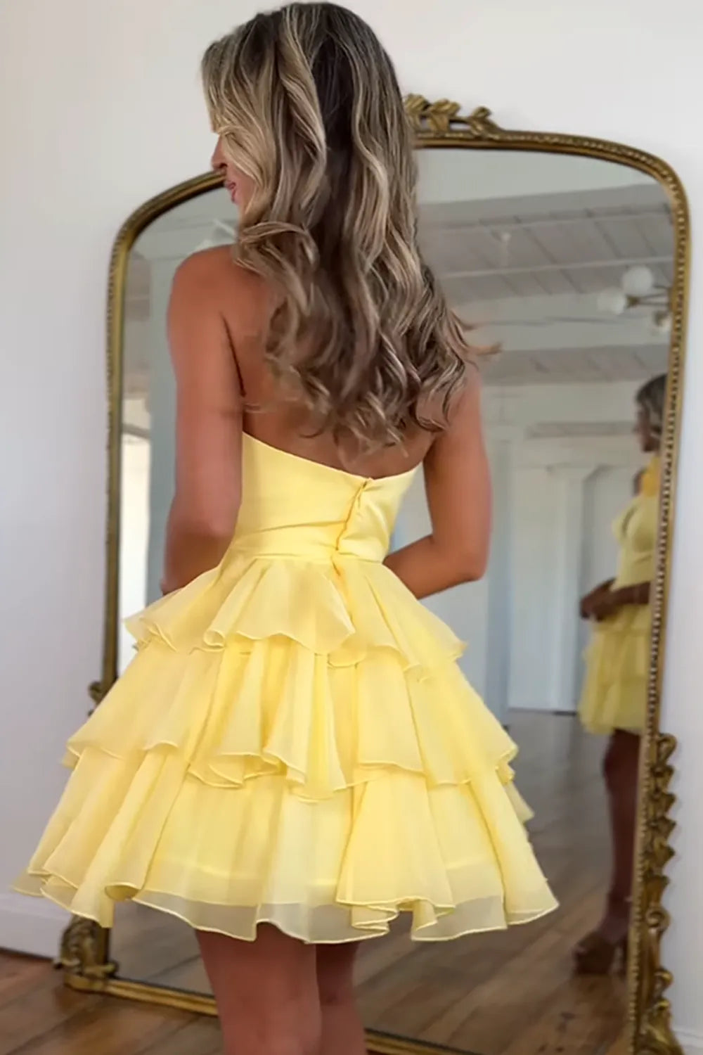 Halter Homecoming Dress with Keyhole Cutout and Tiered Chiffon Skirt