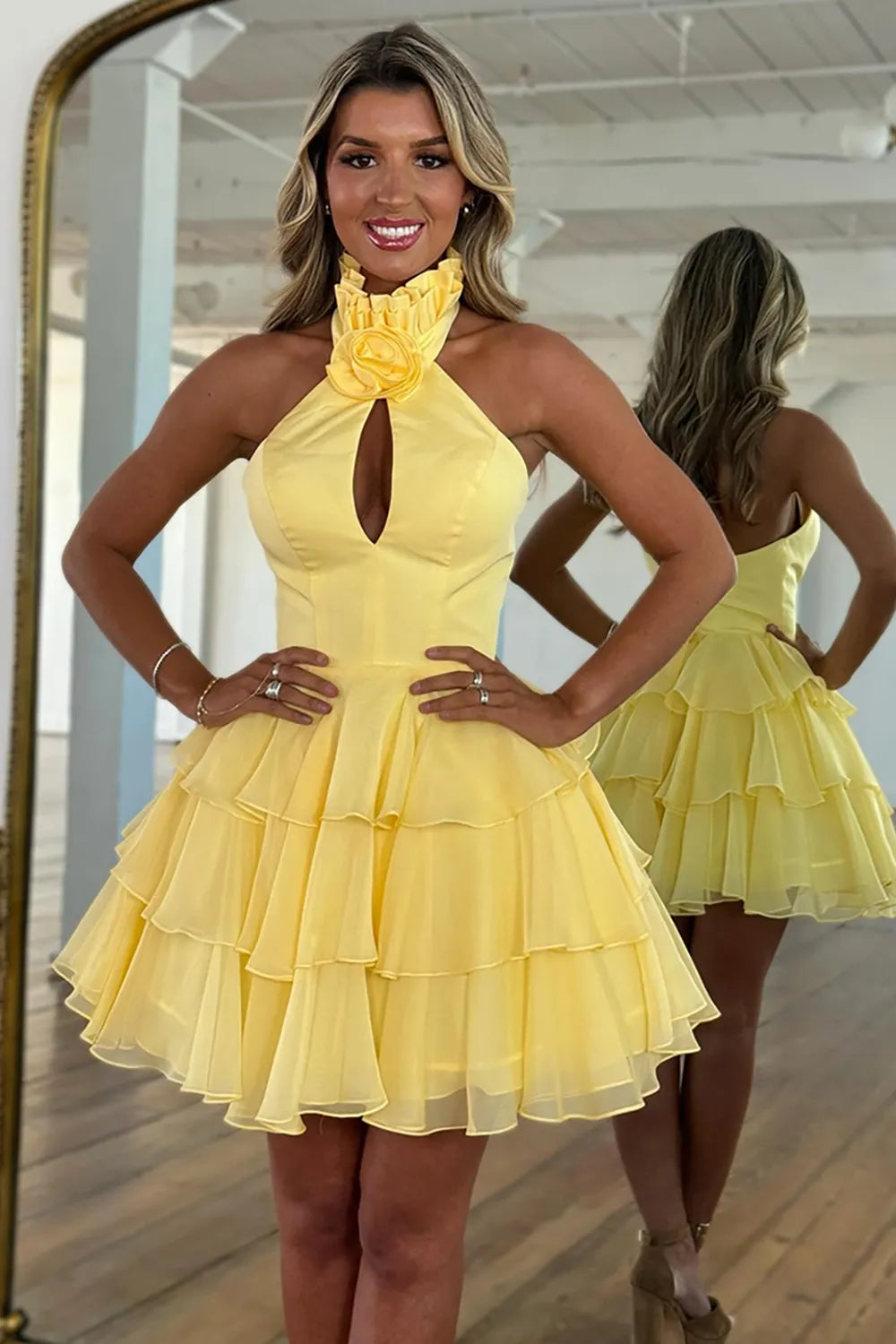 Halter Homecoming Dress with Keyhole Cutout and Tiered Chiffon Skirt
