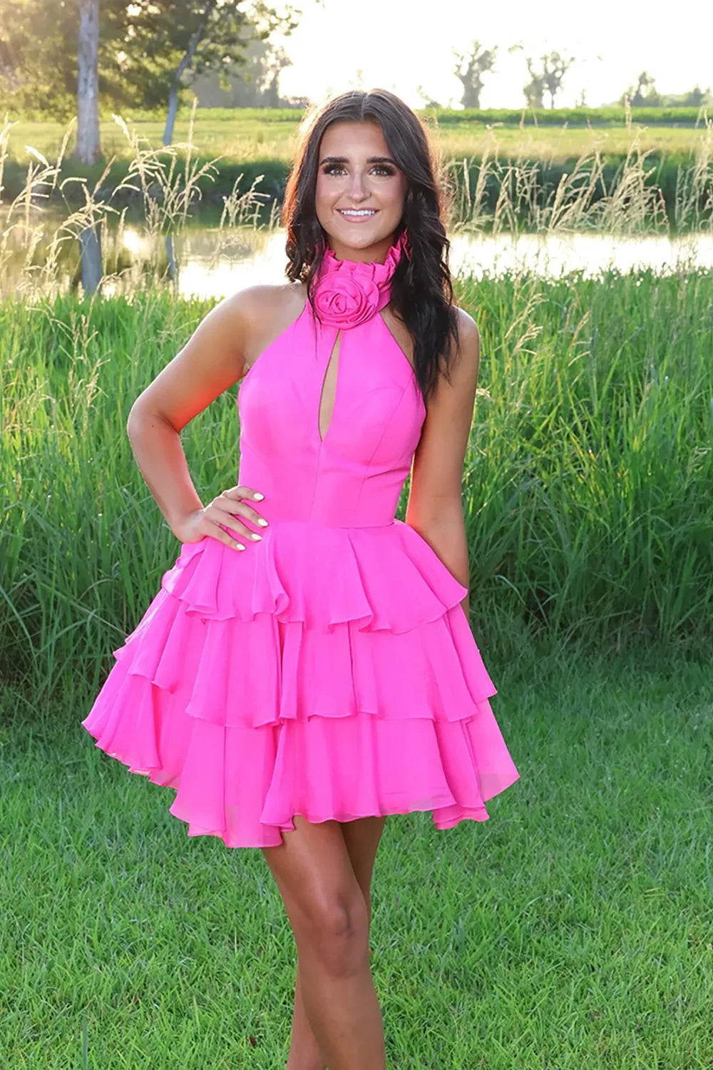 Halter Homecoming Dress with Keyhole Cutout and Tiered Chiffon Skirt