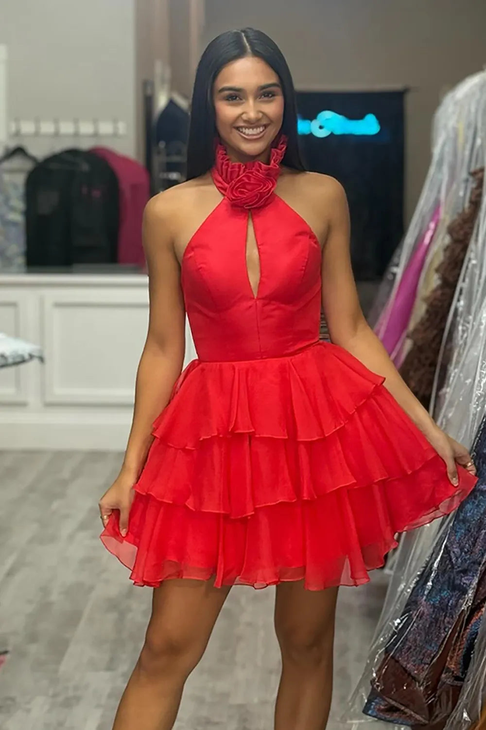 Halter Homecoming Dress with Keyhole Cutout and Tiered Chiffon Skirt