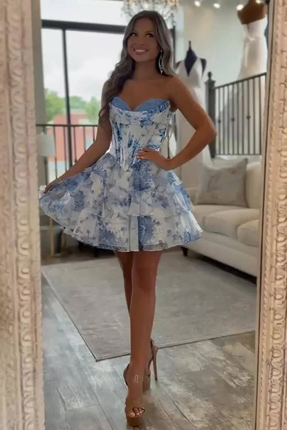 Strapless Blue Floral Corset Homecoming Dress | Lace Trim Tiered Ruffle Chiffon Short Prom Gown